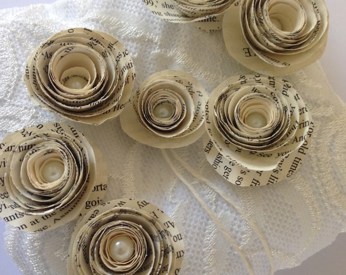 Book Page Rolled Flowers, White Lace Ring Bearer Pillow , Book Page Flower Ring Cushion, Made to order.
