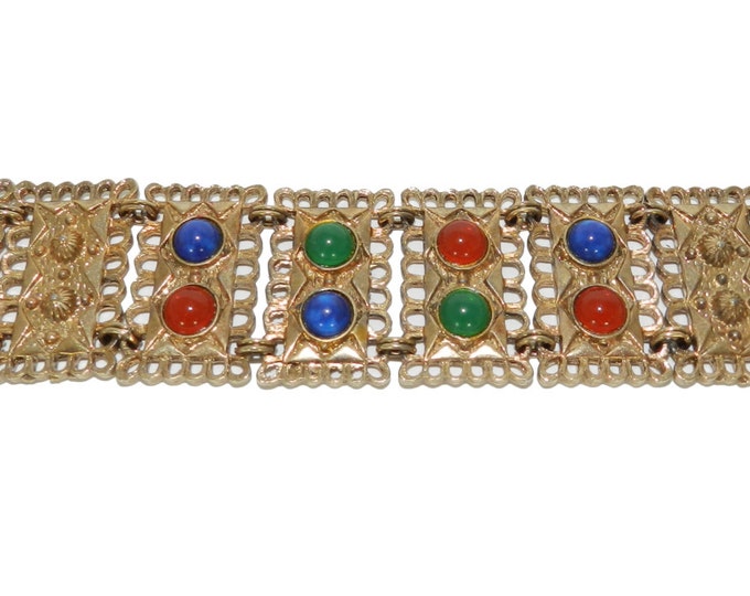 ETRUSCAN Style Bracelet, Glass Cabochon Ornate Book Chain Link, Victorian Vintage 8 Panel Bracelet, Collectible Vintage Jewelry