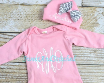 Personalized pink monogrammed newborn gown, baby girl take home hospital outfit in pink, newborn hat with name, monogram baby girl outfit