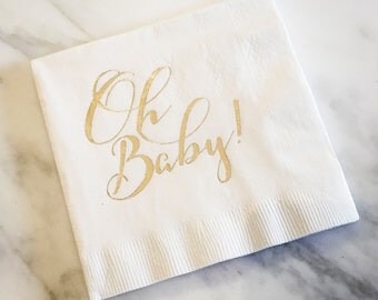 Foil Imprinted "Oh Baby" Baby Shower Napkins, Oh Baby Theme Baby Shower, Gender Reveal Party - Set of 25