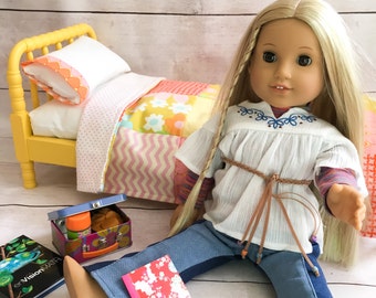 American Girl Doll Quilt -repurposed vintage fabric, Heather Bailey - quilt, pillow and case - American Girl Doll Bedding, Doll Quilt