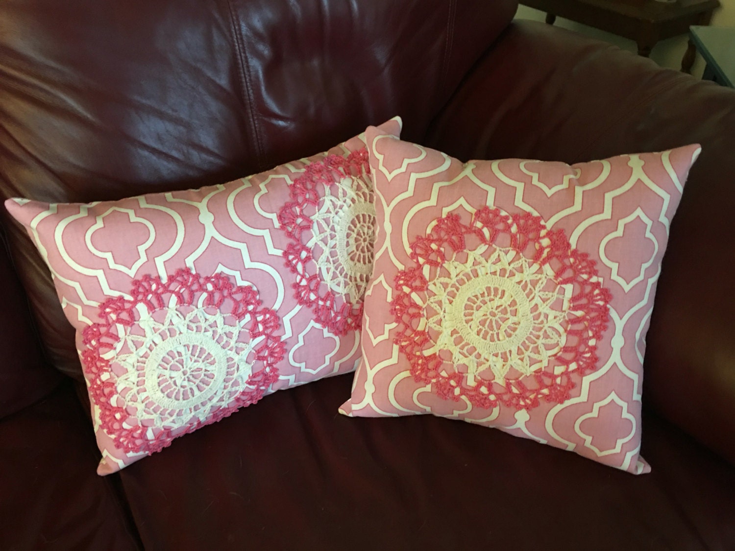 Decorative Pillows Pink and White Art Deco by RirisCreativeHands
