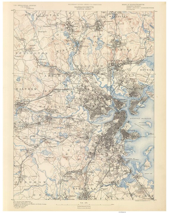 Boston 1890 USGS Old Topo Map Reprint Topographic