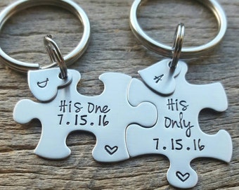 Personalized Gay/ Lesbian His One His Only Puzzle Piece Key Chain Set with Initial Hearts and Date customizeable key chain set Hand stamped