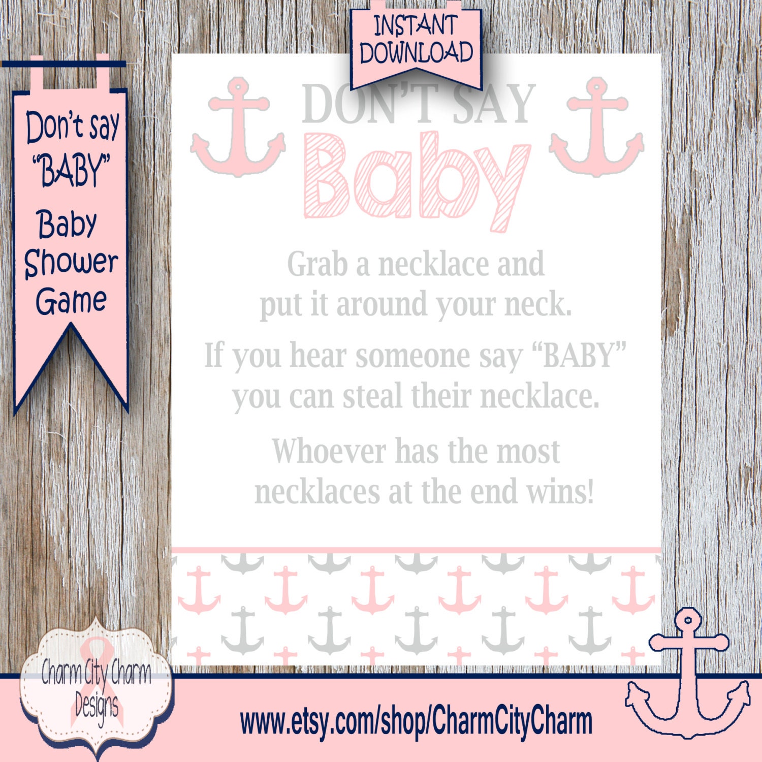 Nautical Don't Say Baby Baby Shower Game Necklace Game