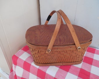 Sweet Vintage Child's Red-Man Wicker Picnic Basket with repair