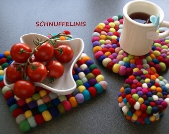 Felt Ball Coasters - Multicolor, Rainbow felt ball trivets