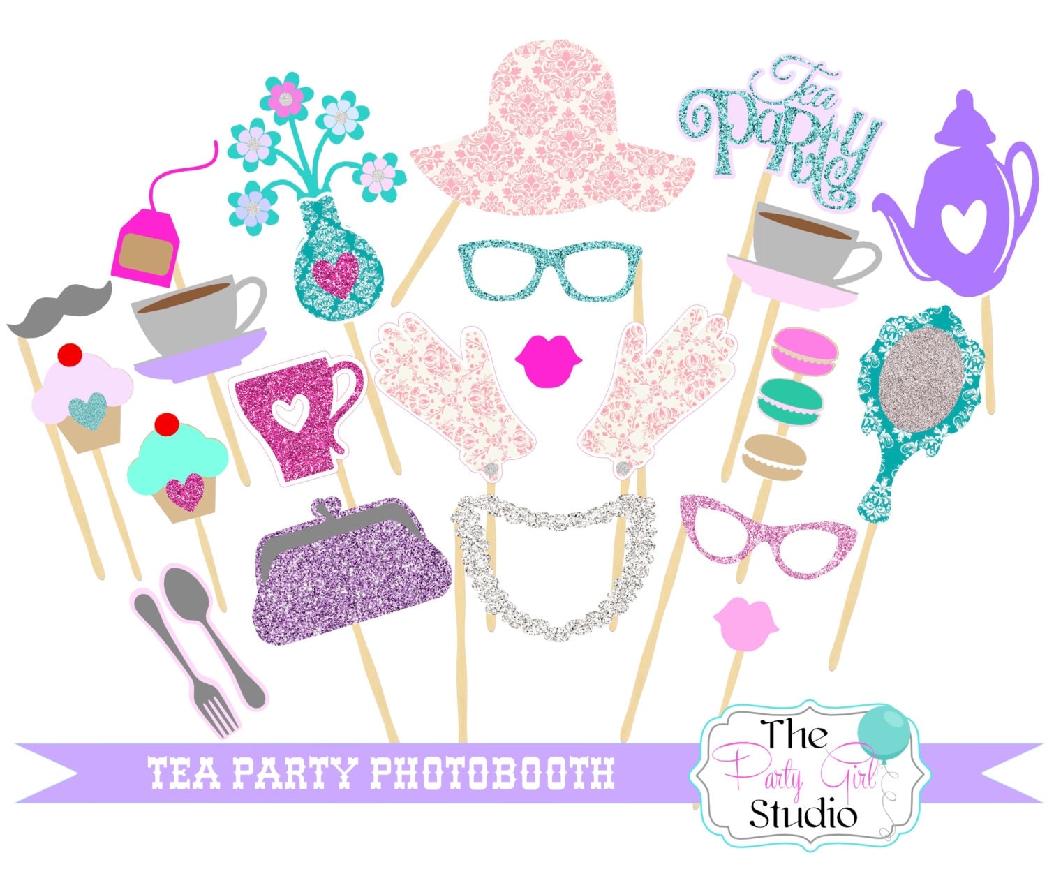 25pc Tea Party Photo Booth Props/Princess by ThePartyGirlStudio