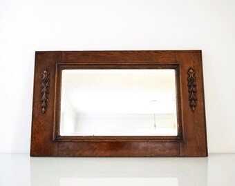 antique wood mirror, decorative wall mirror, wood frame mirror, beautiful antique hand carved wood hanging wall mirror with bevel, vintage