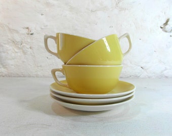 Villeroy and boch, 3 small tea cups and saucers, yellow and white, French vintage, French dinnerware, French country decor, french chic.