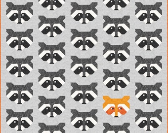 Raccoon Quilt Pattern, PDF, Instant Download, modern patchwork, raccoon, animal, lap quilt, mini quilt, baby quilt, twin quilt, full quilt