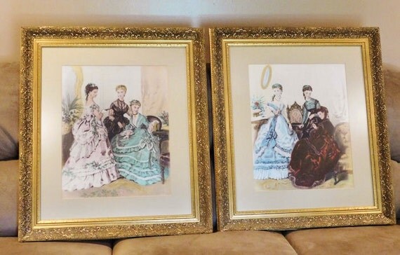 Vintage French Paris Ladies Victorian Fashion Scenes Giclee Prints Pair Ornate Gold Solid Wood Frames French Cottage Decor Elegant Home Wall