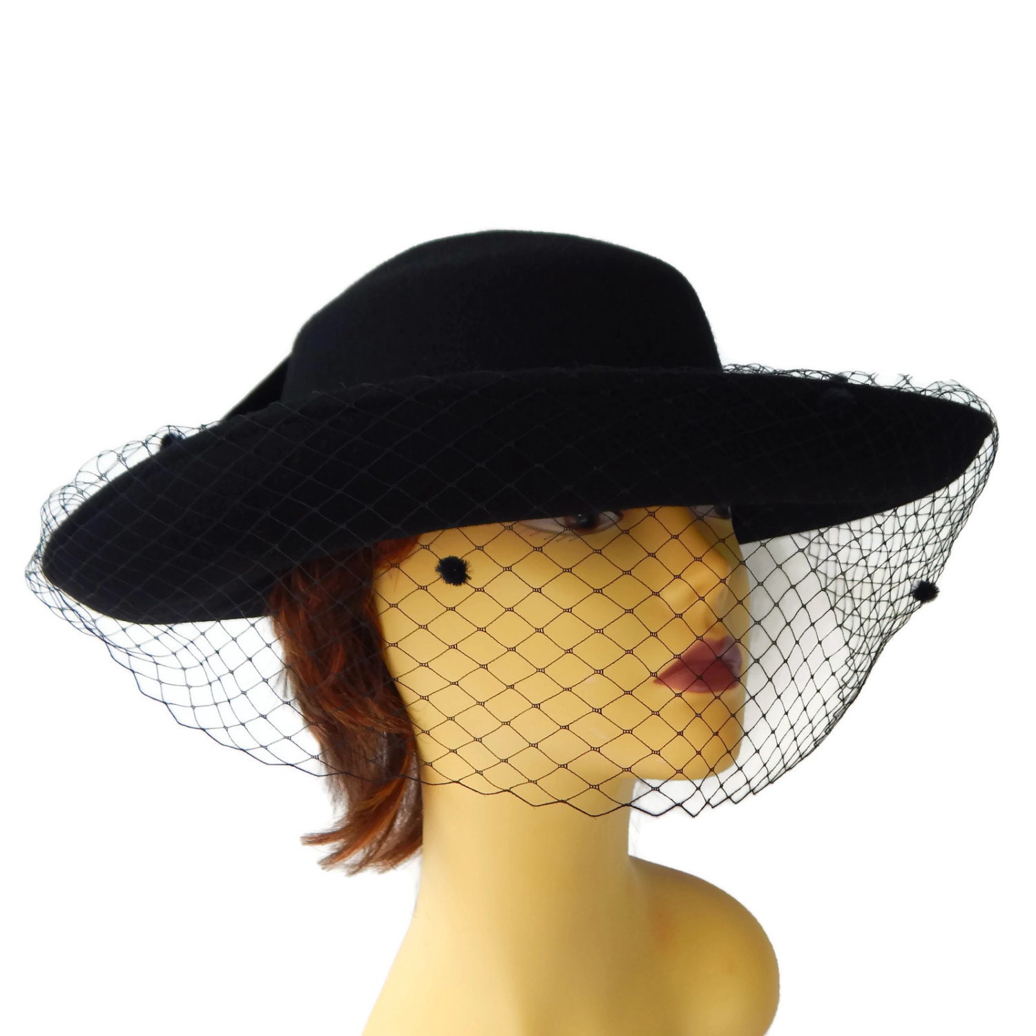Wide Brim Hat Black with Netting and Big Bow Designer Michael