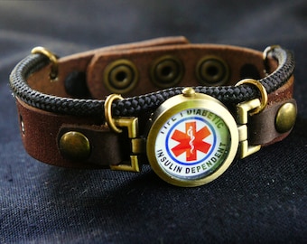 Diabetes Bracelet, Insulin Dependent Bracelet, Type 1 Diabetic Medical ID Bracelet, Adjustable Leather Wristband