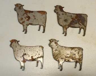 Lot Set of 4 Rusty 3 inch Sheep Shapes Vintage Antique Metal Art Ornament Craft Stencil Sign