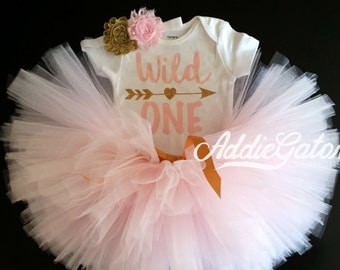Wild One! Soft Pink & Gold Onesie, Tutu and Headband Set!