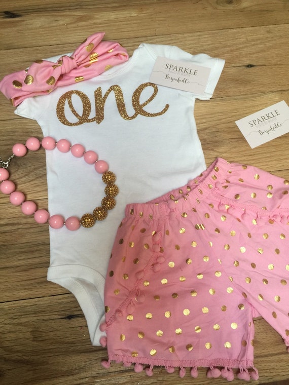 one birthday onesie pink and gold polka dot