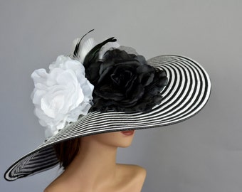 Black White Strips Woman Party Hat Kentucky Derby Hat Tea Hat Wedding Accessory Cocktail Party Hat Church Hat