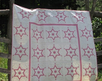 Authentic Amish Quilt, King size quilt, hand quilted blanket, Patchwork quilt, Peace star quilt, Star of David quilt, Pink Quilt, wedding