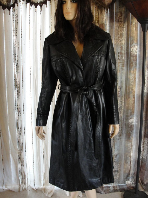 Vintage 1980s black leather BELTED Trench jacket coat extra