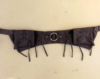 Steampunk Utility belt psytrance hippie style in brown cotton canvas - Lace Ring Model