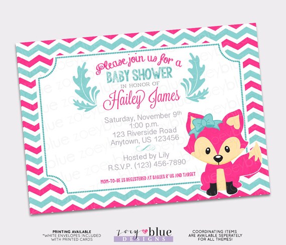 Fox Baby Shower Invitation Girl Fox Baby Sprinkle Invitation Fall Chevron Pink Magenta Aqua Fox Baby Shower Invitation Template