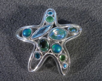 Vintage Aqua and Light Green Rhinestone Pin Brooch **RL