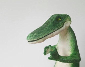 CROCODILE - OOAK mixed media animal sculpture, hand painted papier mache figure "Cordelia the Meditating Crocodile"