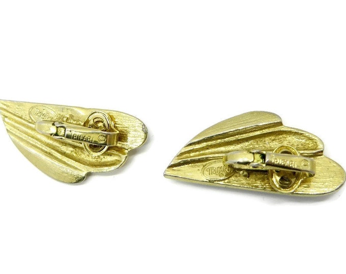 Trifari Black & Gold Earrings, Vintage Enameled, Signed Designer Clip-ons, Gift for Her