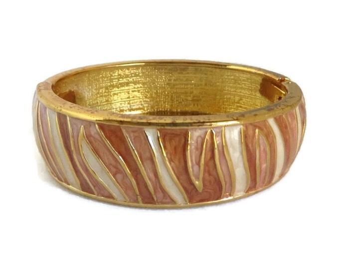 Vintage Striped Bangle | Textured Brown Bangle | Cocoa Cream Abstract Waves Hinged Gold Tone Bracelet