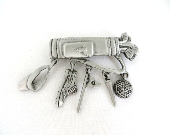 Vintage JJ Golf Bag Brooch, Pewter Pin, Dangling Golf Accessories