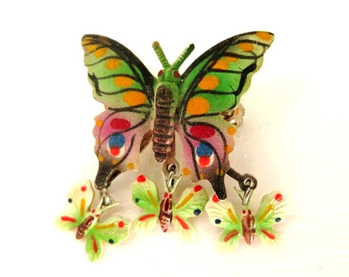 Vintage Hand Painted Butterfly Brooch, Korean Brooch, Dangling Butterflies Pin