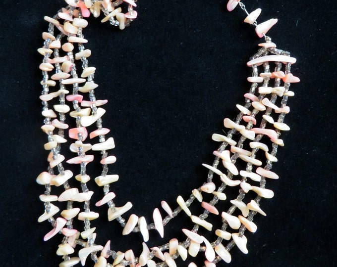 Pink Shell Necklace, Vintage Mother of Pearl Multi-Strand Necklace, Tribal Style Choker