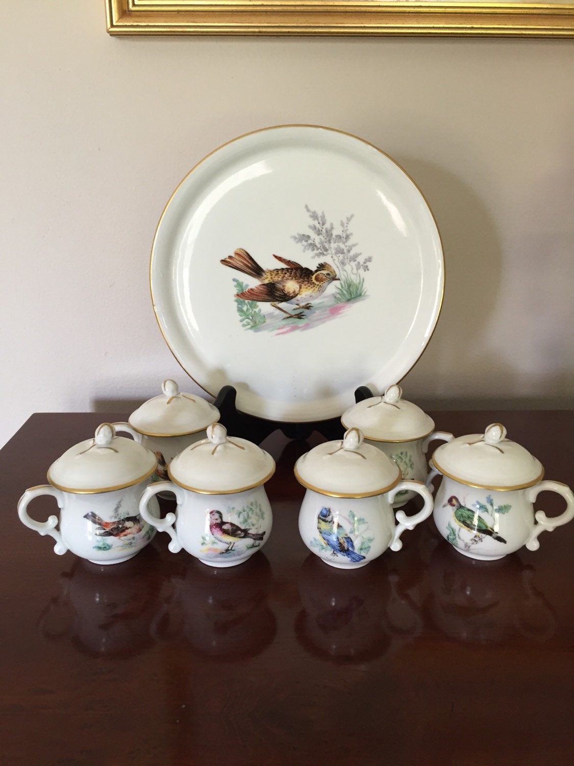 Pillivuyt France Set of Pot De Creme Cups & Lids with Birds