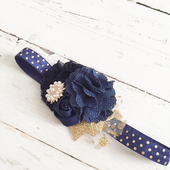 Navy gold headband // burlap chiffon satin by Goldfeatherboutique