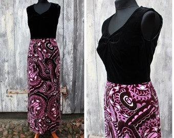 Vintage boho dress, velvet dress, long dress, black purple,60s dress, abstract pattern,psychedelic