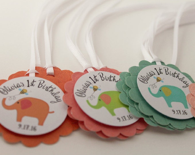 12 Personalized First Birthday Tags. Little Elephant Party Favor Tags. Baby Girl 1st Birthday