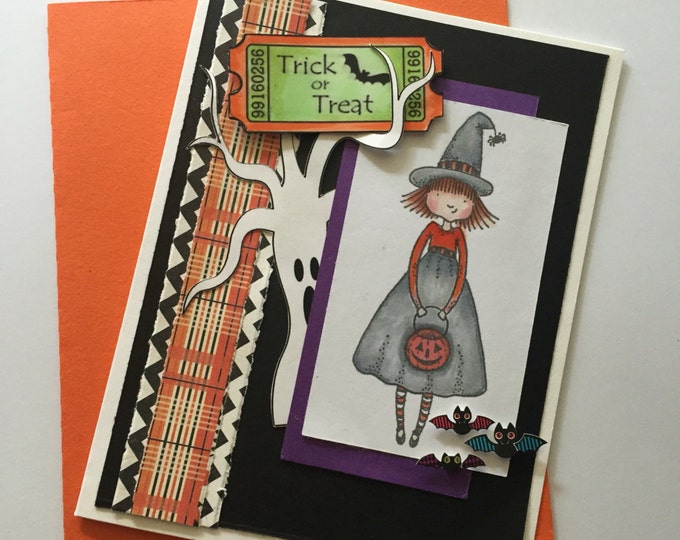 Happy Halloween Card. Trick or Treat Greeting Card. Halloween Cards. Not So Creepy Halloween Cards with Colorful Witch