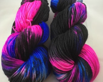 Yarn, NEBULA, hand dyed yarn worsted, hand dyed yarn DK, hand dyed sock yarn, black pink and blue yarn, nebula yarn