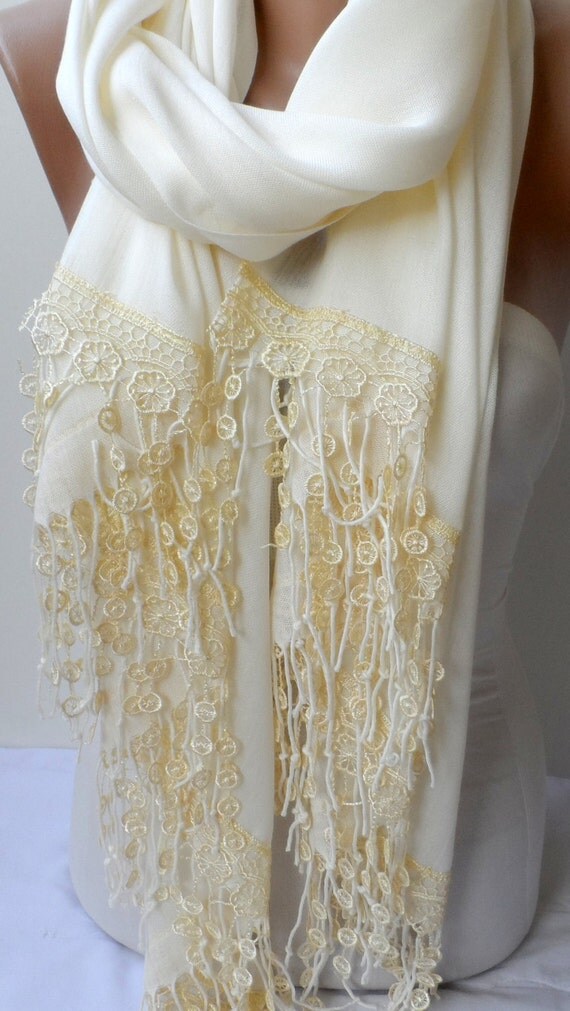 Bridal Shawl Gold French Lace Cream Ivory Pashmina Lightweight