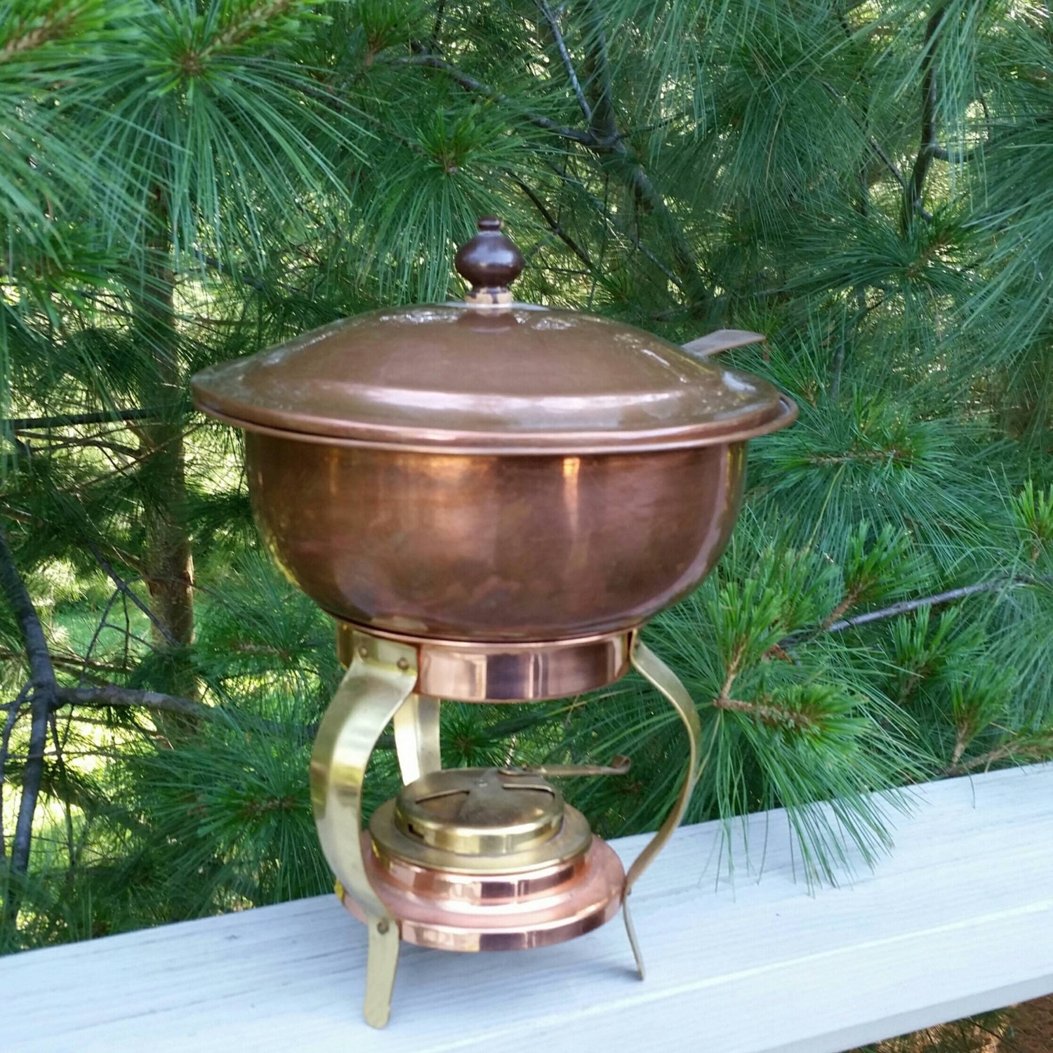Copper Fondue Pot with Copper Lid & Ladle with Brass and