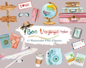 Travel Clipart Watercolor Vacation Summer Holiday Luggage Road World Airplane Camera Wanderlust Digital Download Invitation Paint Bon Voyage