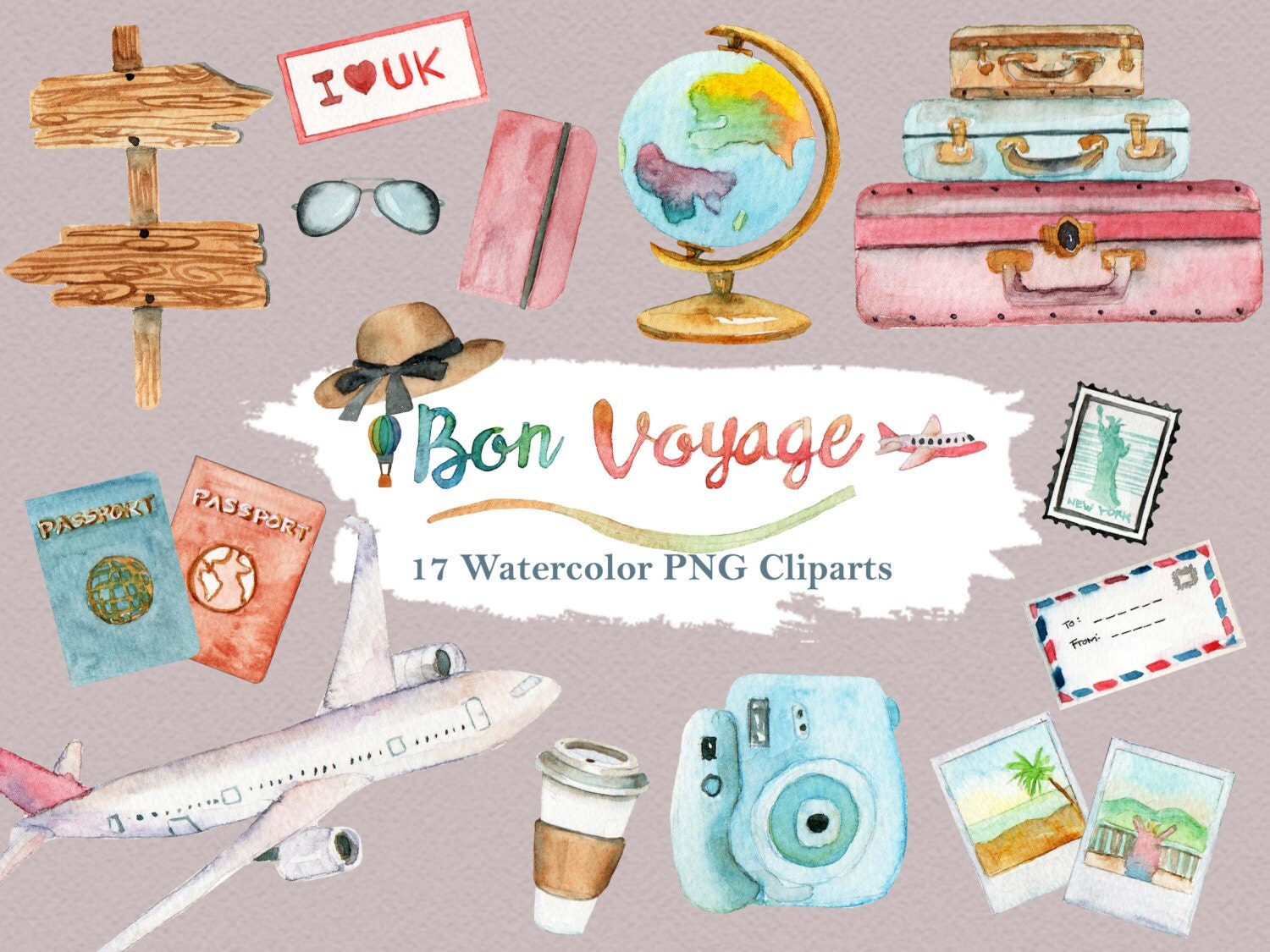 Download Travel Clipart Watercolor Vacation Summer Holiday Luggage Road