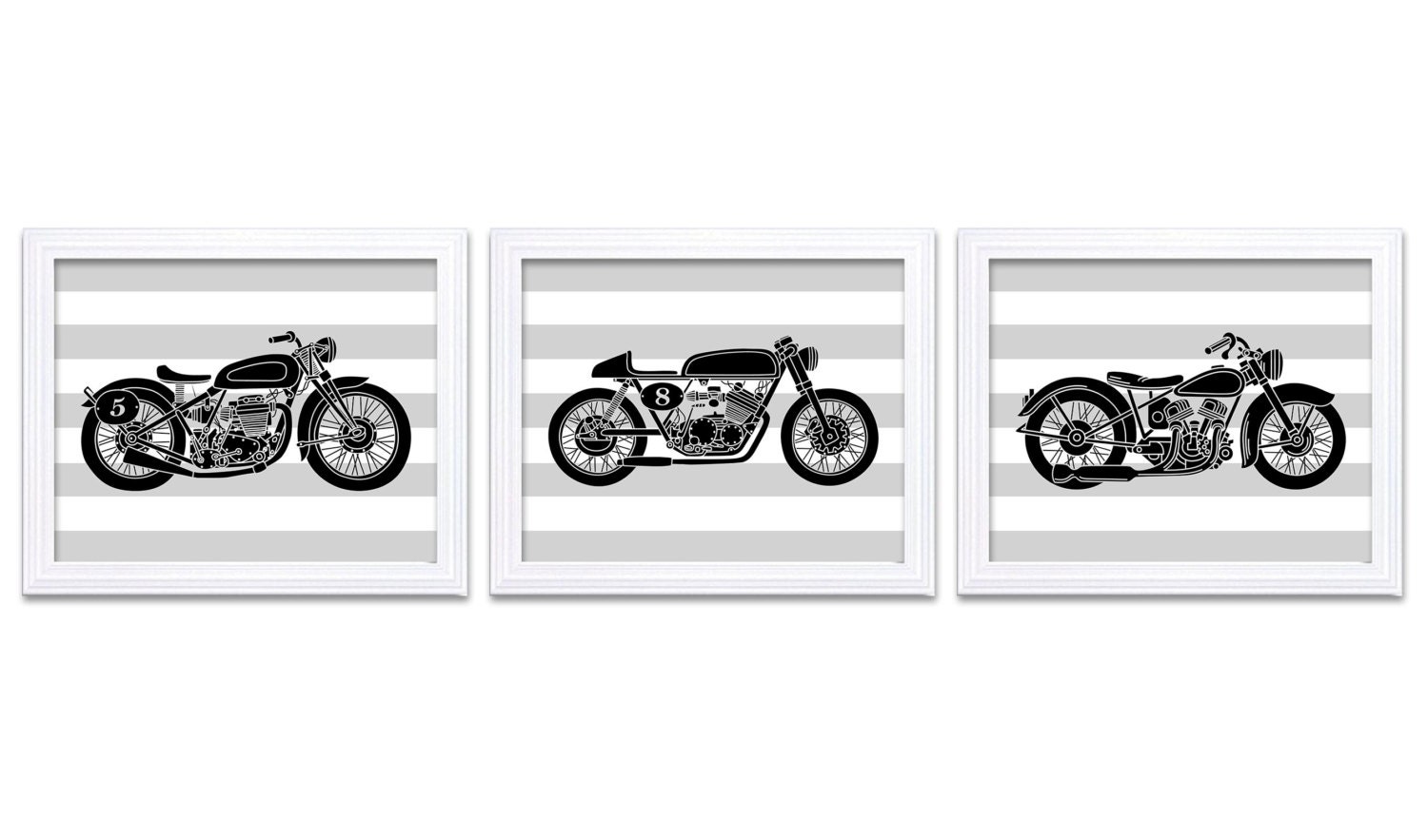 Motorcycle Nursery Art Nursery Prints Transportation Set of 3 Prints Black White Grey Stripes Boys A