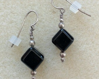 Vintage Black Onyx Cube Drop Earrings
