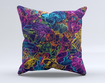 Neon Robots ink-Fuzed Decorative Throw Pillow