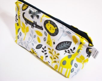 Knitting Project Bag, Small Zipper Pouch, Accessories Case, Crochet Project Bag, Small Travel Pouch, Yellow Grey Bag, Jungle Print Pouch