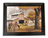 Summer at the Farm, country decor, horse and barn art print, home decor, wall decor, wall hanging, handmade, real wood frame, Made in USA