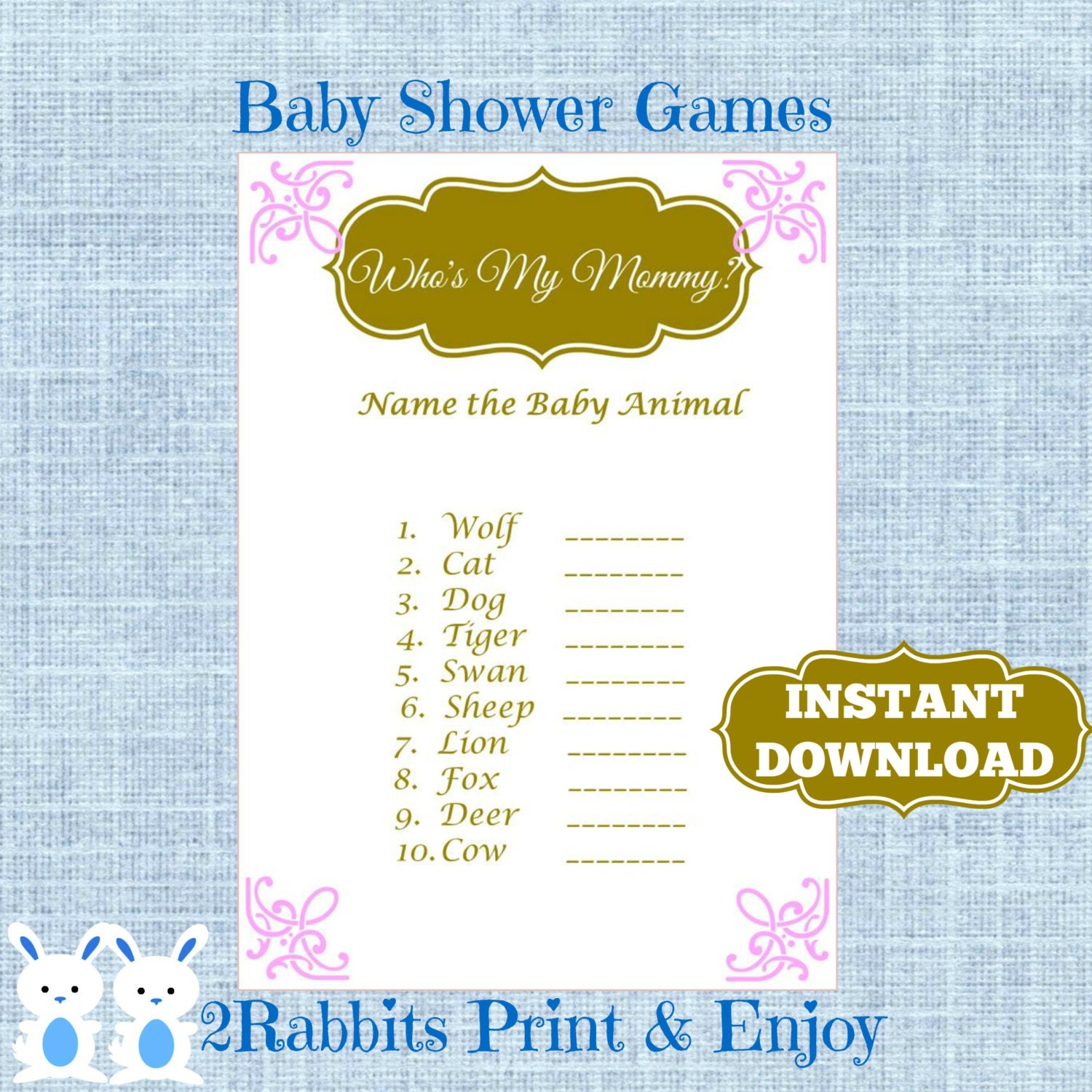 Princess Baby Shower Baby Animal Game Plus Key Answer-Pink