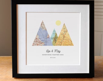 Adventure Together Gift for Couple, 3 Custom Map Mountain Print, Personalized Map Art, 3 Maps, Wedding Gift Art, Custom Anniversary Print,